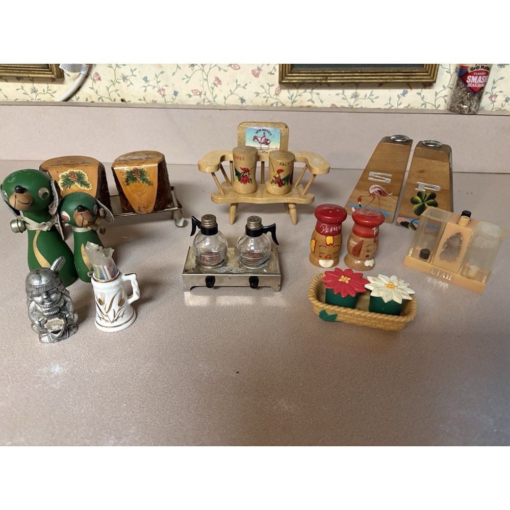 Vintage Salt & Pepper Shaker Lot 10 Sets Wood Glass Novelty Souvenir Collectible